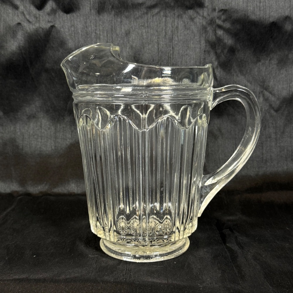 Vintage Clear Ribbed Glass Pitcher w Ice Lip Fluted Scalloped Water Server 8in